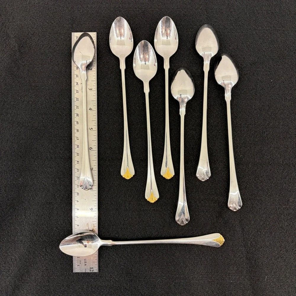Set of 8 Yamazaki Cara Gold Accent Stainless Tall Beverage Spoons Flatware Japan